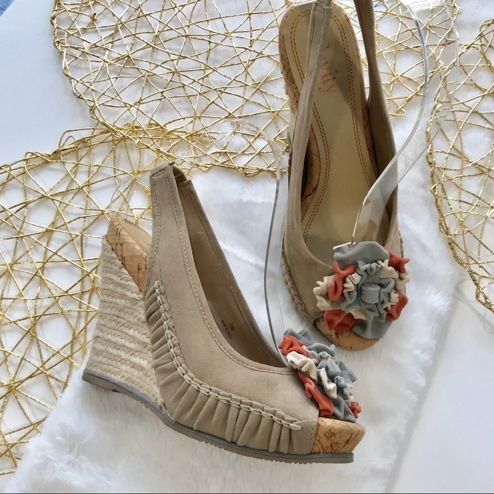 Levity Tan Peep-toe Wedges with Ruffle Accent